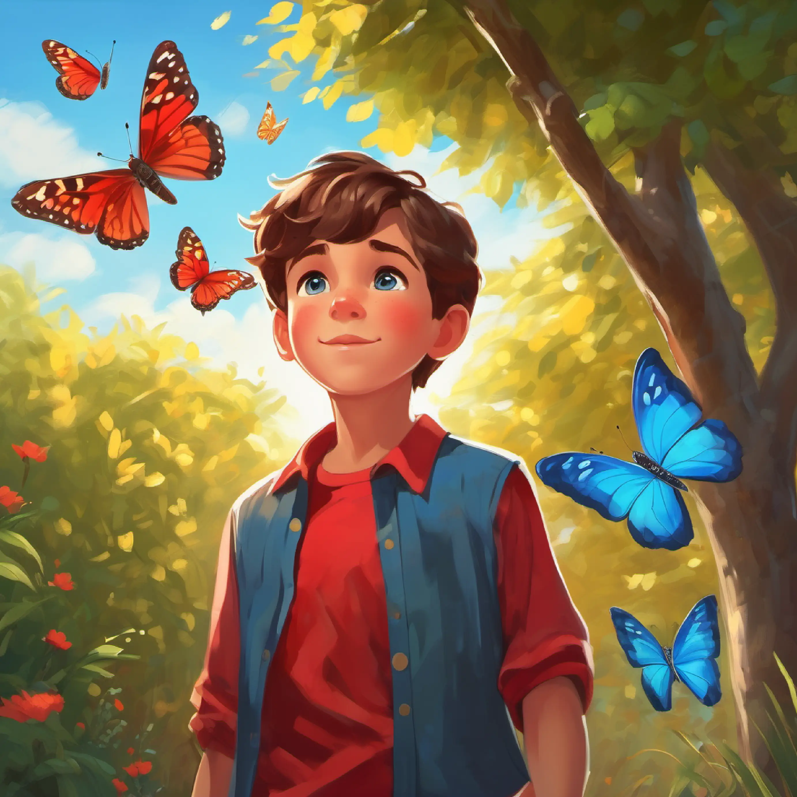 Young boy, short brown hair, bright blue eyes, wearing a red shirt feels proud after gently catching the butterfly.