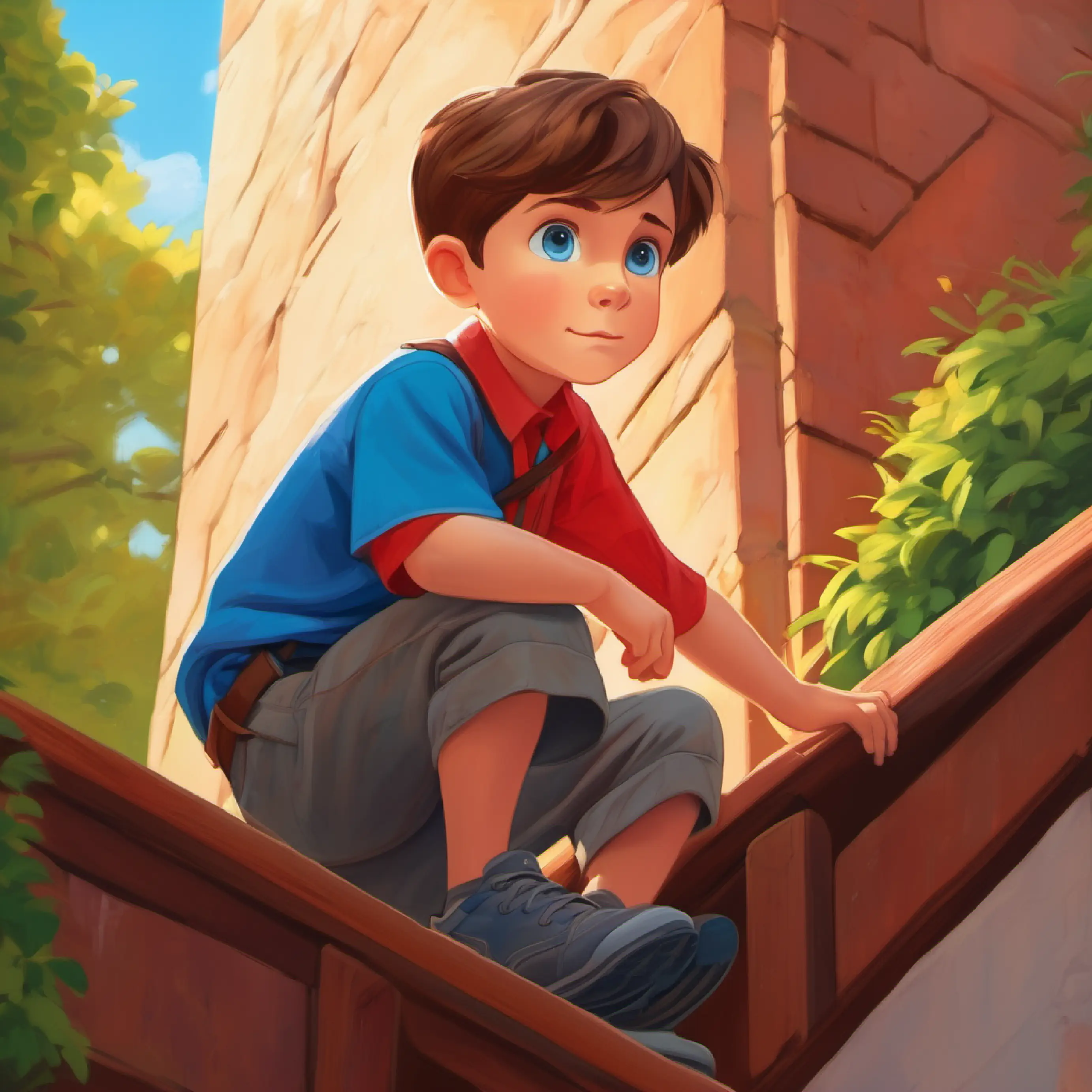 Knowing recess will end, Young boy, short brown hair, bright blue eyes, wearing a red shirt starts to climb down.