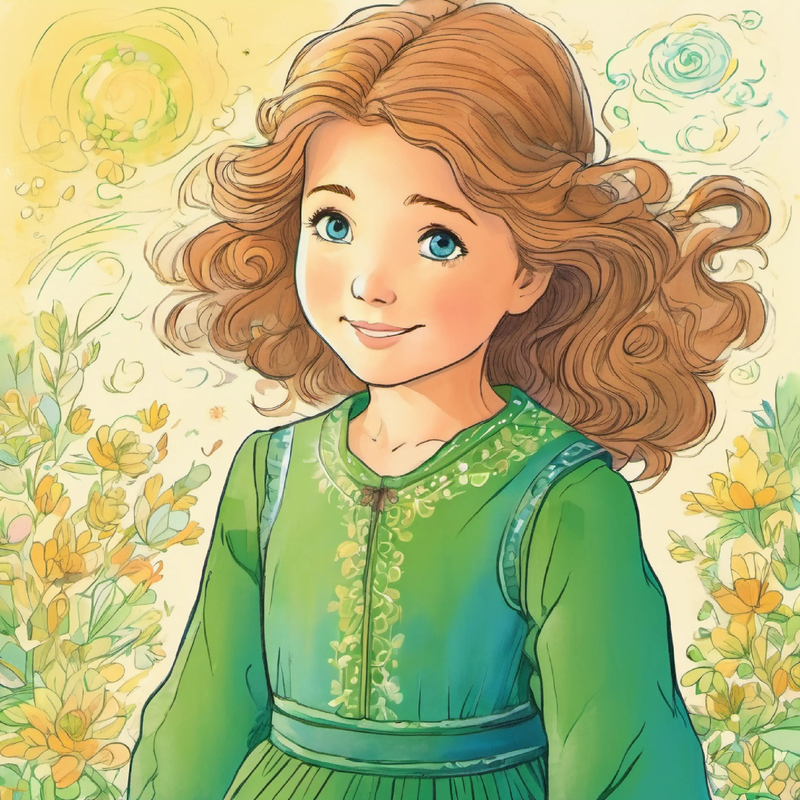Girl with sunny hair, full of hope, bright blue eyes, wears a green dress recalling her mother's encouraging words.