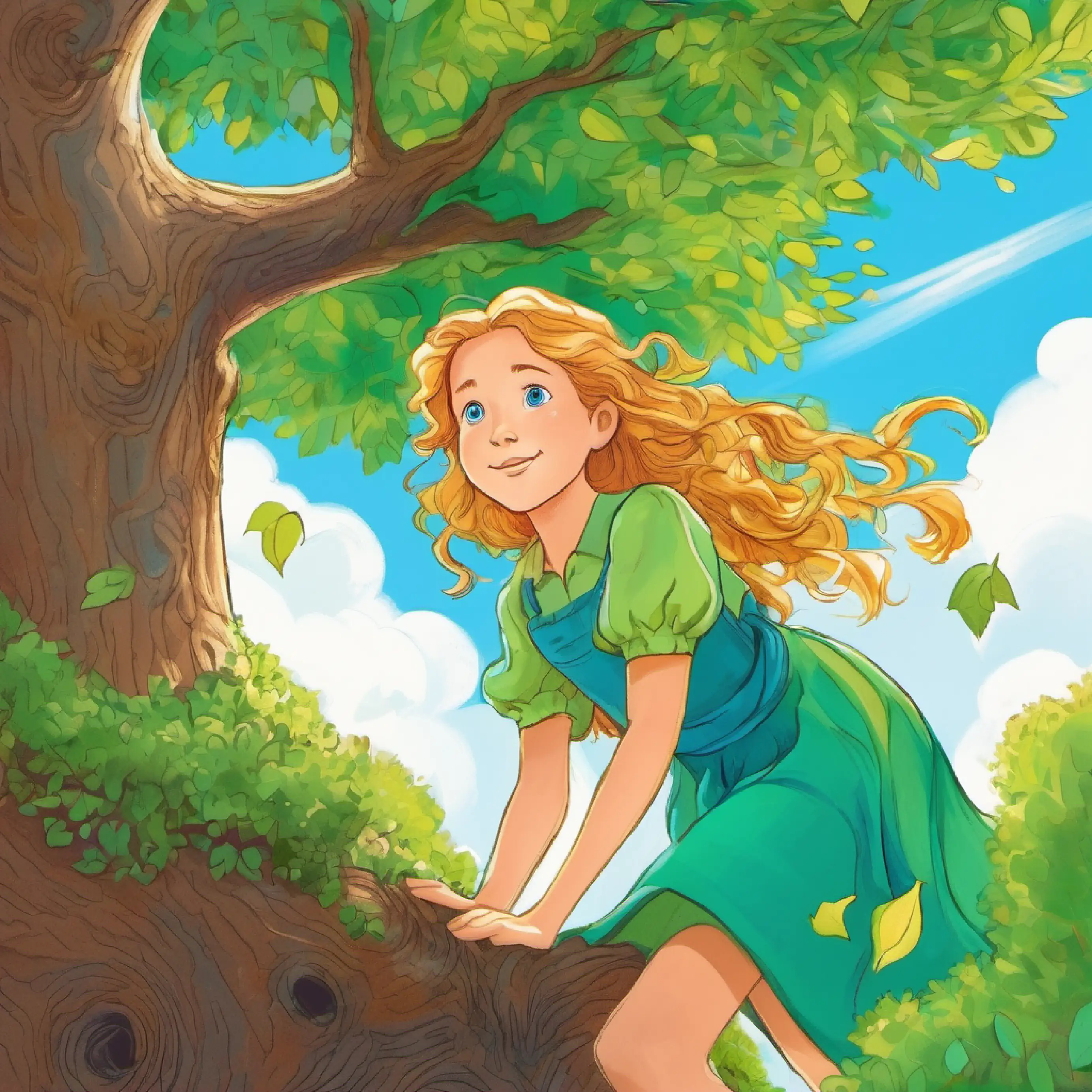 Girl with sunny hair, full of hope, bright blue eyes, wears a green dress about to start climbing the oak tree.