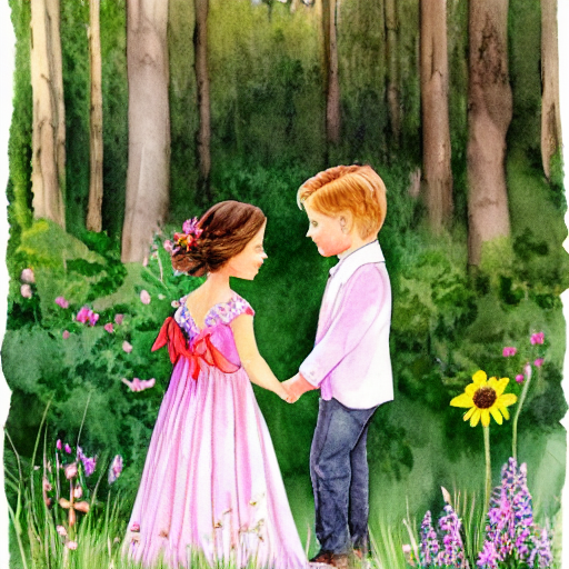 The prince and princess stand in the beautiful woods, surrounded by wildflowers, holding hands and smiling at each other.