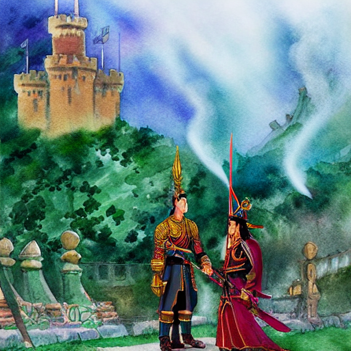 The dragon towers over the castle, breathing fire and smoke, while the prince stands tall, sword raised, ready to fight.