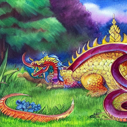 The defeated dragon lies on the ground while the prince and princess embrace each other triumphantly.