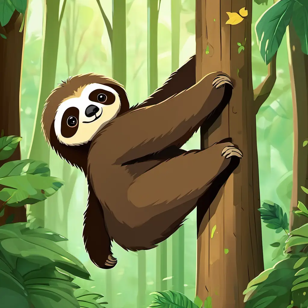 A sleepy sloth named A sleepy sloth with brown fur and round eyes, hanging from tall trees with brown fur and round eyes, hanging from tall trees in a lush green forest.