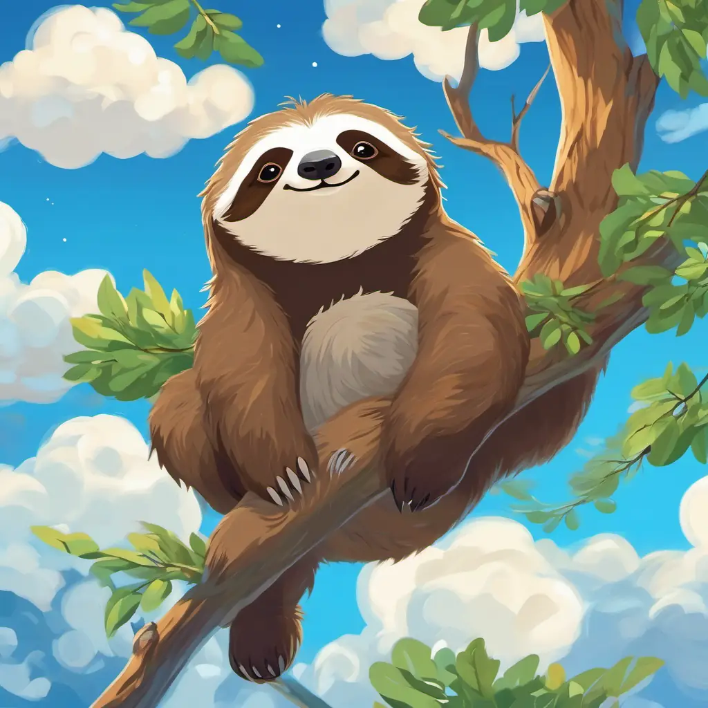 A sleepy sloth with brown fur and round eyes, hanging from tall trees waking up tired, yawning and stretching, looking up at fluffy white clouds in the bright blue sky.