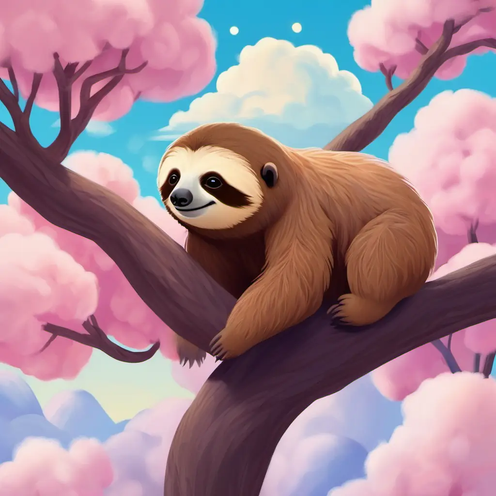A sleepy sloth with brown fur and round eyes, hanging from tall trees climbing down from the tree, slowly approaching the soft, cotton candy-like clouds.