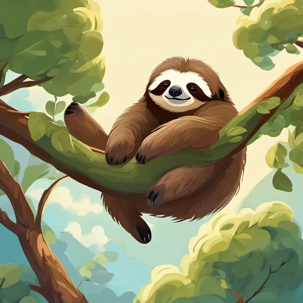 A sleepy sloth with brown fur and round eyes, hanging from tall trees lying on top of a cozy cloud, feeling warm and snug, drifting off to sleep and dreaming of floating in the sky.