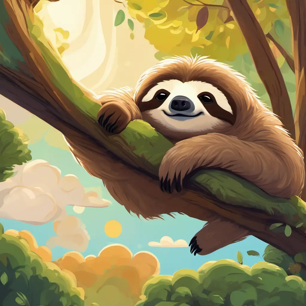 A sleepy sloth with brown fur and round eyes, hanging from tall trees waking up refreshed, thanking the cozy cloud, and deciding to find a cozy cloud whenever he feels sleepy.