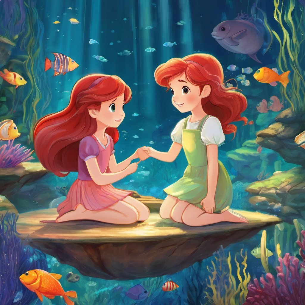From that day forward, Ariel and Ellie cherished their special friendship, both on land and under the sea. Ellie had a remarkable story to share with everyone she met, a magical story of a real-life mermaid turned princess. And so, dear little one, remember that friendships can be found in the most unexpected places, and even magical sea creatures can become your closest friends. The end.