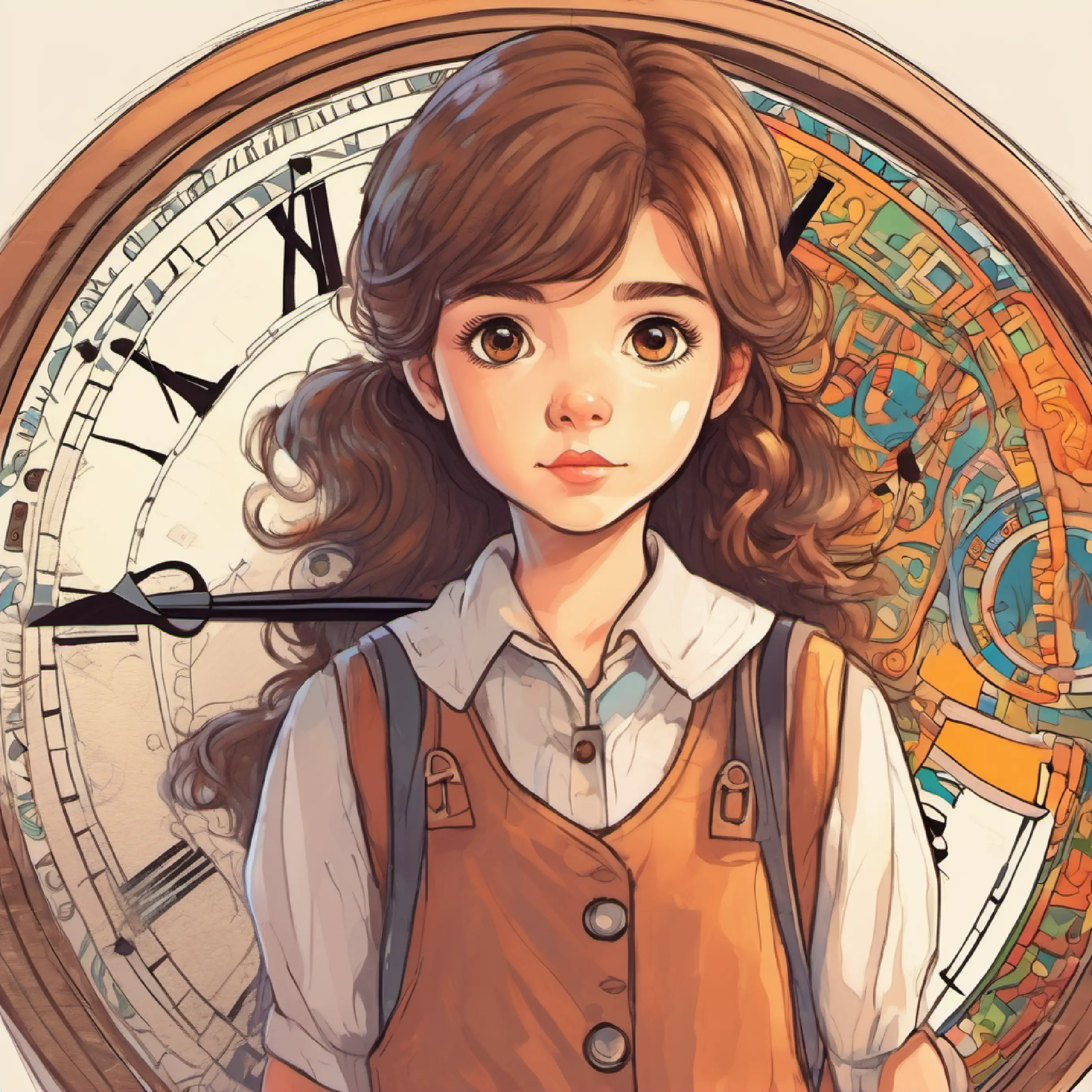 Curious girl with brown hair and hazel eyes following the clock's numbers