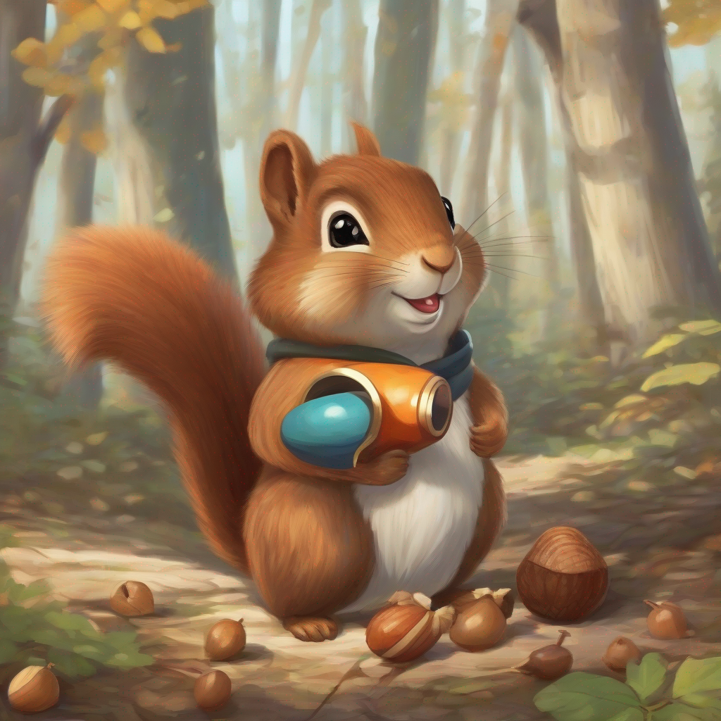 Friendly squirrel Brown squirrel with a striped acorn necklace leading the way