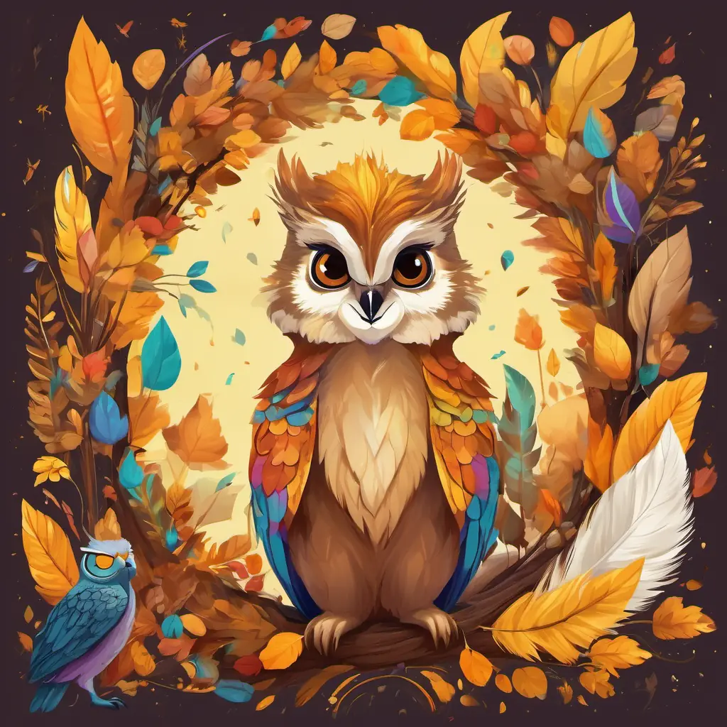 A vibrant rainbow with seven colorful arcs, A majestic unicorn with a shining white coat and a golden horn, A squirrel with a brown fur coat and a fluffy tail, and A wise owl with feathers in shades of brown and yellow, wearing small spectacles are in the middle of the forest. A squirrel with a brown fur coat and a fluffy tail has a brown fur coat and a fluffy tail. A wise owl with feathers in shades of brown and yellow, wearing small spectacles has feathers in shades of brown and yellow, and he wears small spectacles on his beak.