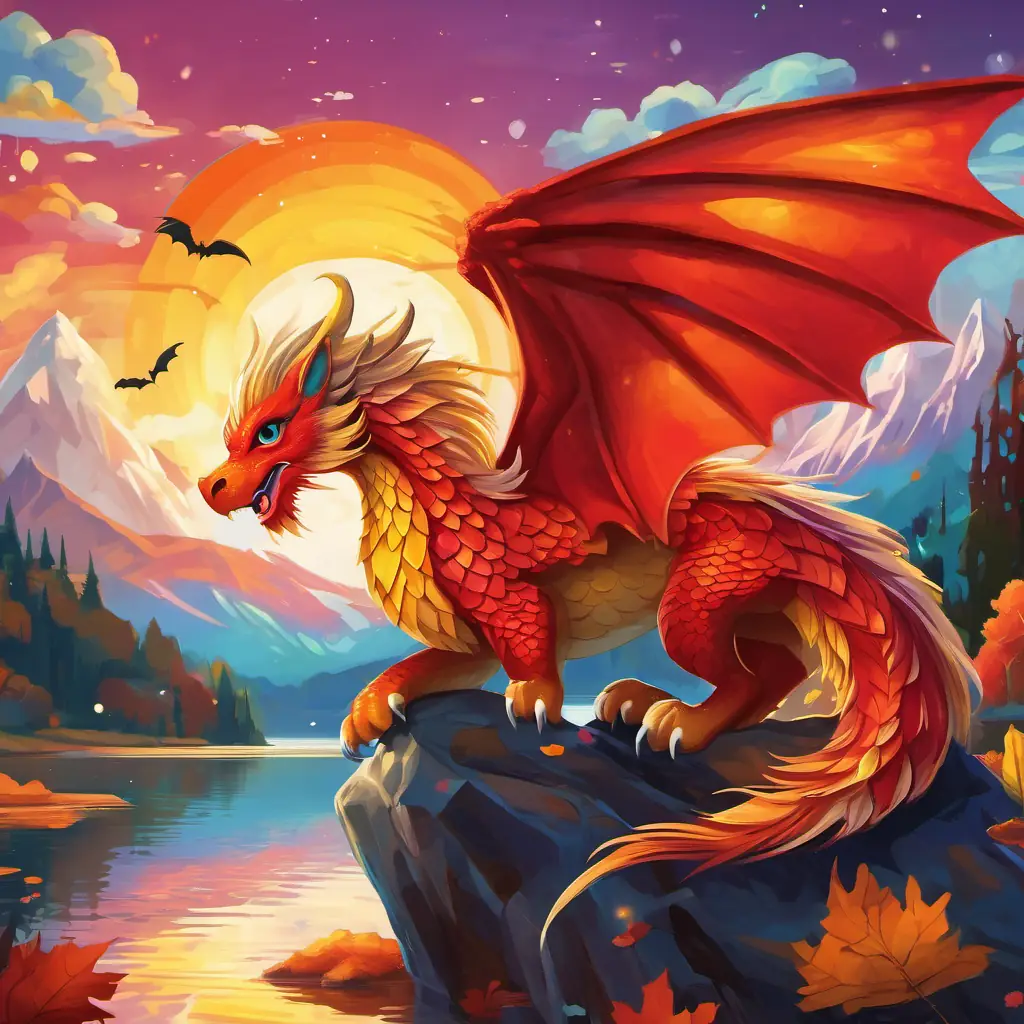 A vibrant rainbow with seven colorful arcs, A majestic unicorn with a shining white coat and a golden horn, A squirrel with a brown fur coat and a fluffy tail, A wise owl with feathers in shades of brown and yellow, wearing small spectacles, and A fiery red dragon with scales and sharp claws are standing near a beautiful lake with glistening water. A fiery red dragon with scales and sharp claws is a fiery red dragon with scales and sharp claws.