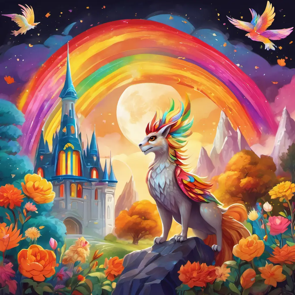 A vibrant rainbow with seven colorful arcs, A majestic unicorn with a shining white coat and a golden horn, A squirrel with a brown fur coat and a fluffy tail, A wise owl with feathers in shades of brown and yellow, wearing small spectacles, and A fiery red dragon with scales and sharp claws are standing in front of a sparkling rainbow crystal palace. The palace is surrounded by a vibrant garden with colorful flowers and birds singing in the trees.