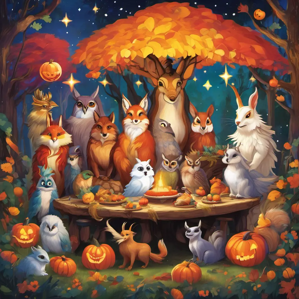 A vibrant rainbow with seven colorful arcs, A majestic unicorn with a shining white coat and a golden horn, A squirrel with a brown fur coat and a fluffy tail, A wise owl with feathers in shades of brown and yellow, wearing small spectacles, A fiery red dragon with scales and sharp claws, and other woodland creatures are gathered at a big feast table under a sky full of shining stars. The scene is filled with merriment, delicious food, and laughter.