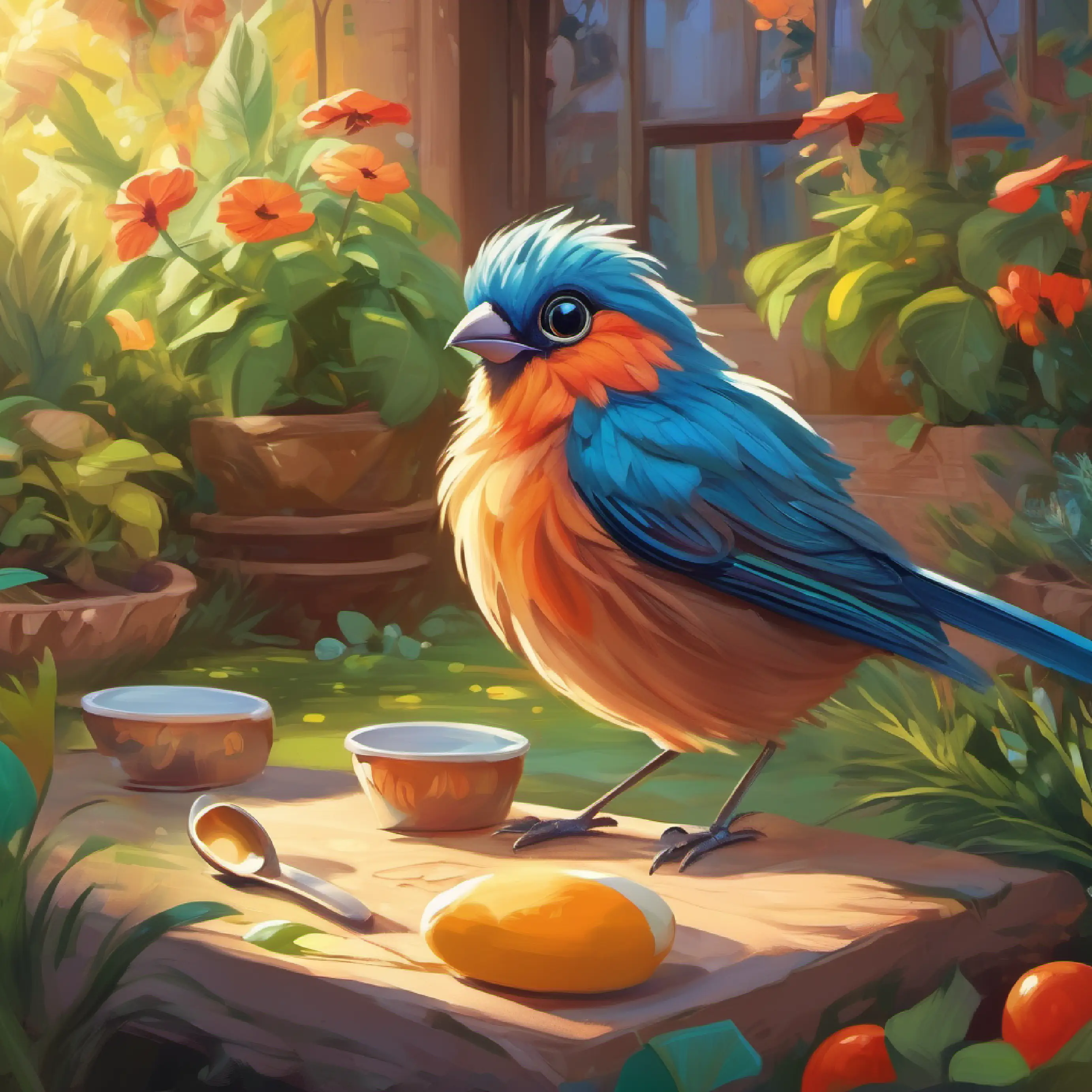 a young, energetic bird with vibrant feathers and big, curious eyes finds a garden party, but realizes he missed breakfast time.