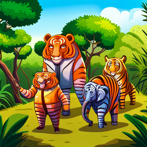 As Crianças aventureiras, com roupas coloridas e mochilas. exploram a natureza selvagem e encontram Tigres, elefantes e pássaros coloridos.