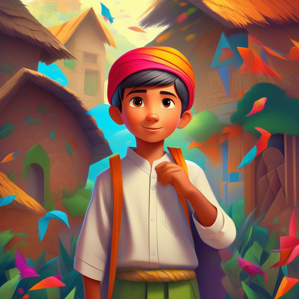 Curious, determined boy in traditional clothes, vibrant headscarf solves riddles, helps villagers, gains clues