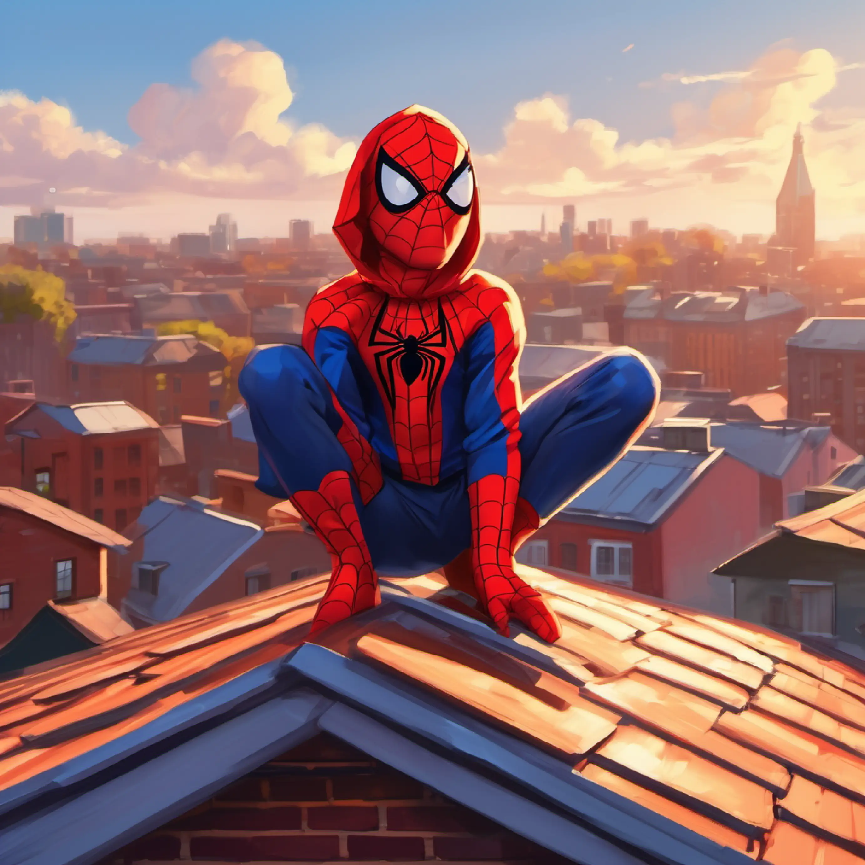 a young boy in a spiderman outfit on a roof