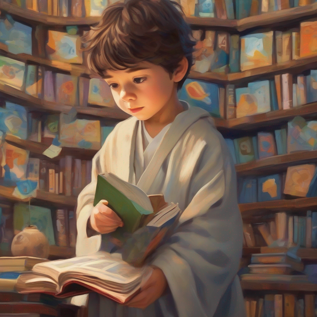 Curious boy wearing a robe, carrying a book playing with numbers and puzzles