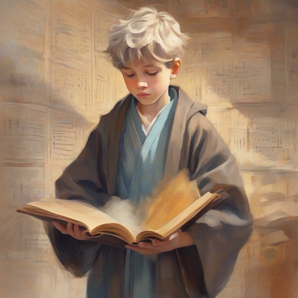 Curious boy wearing a robe, carrying a book discovering an old book of equations