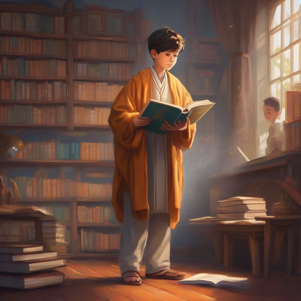 Curious boy wearing a robe, carrying a book teaching others about algebra