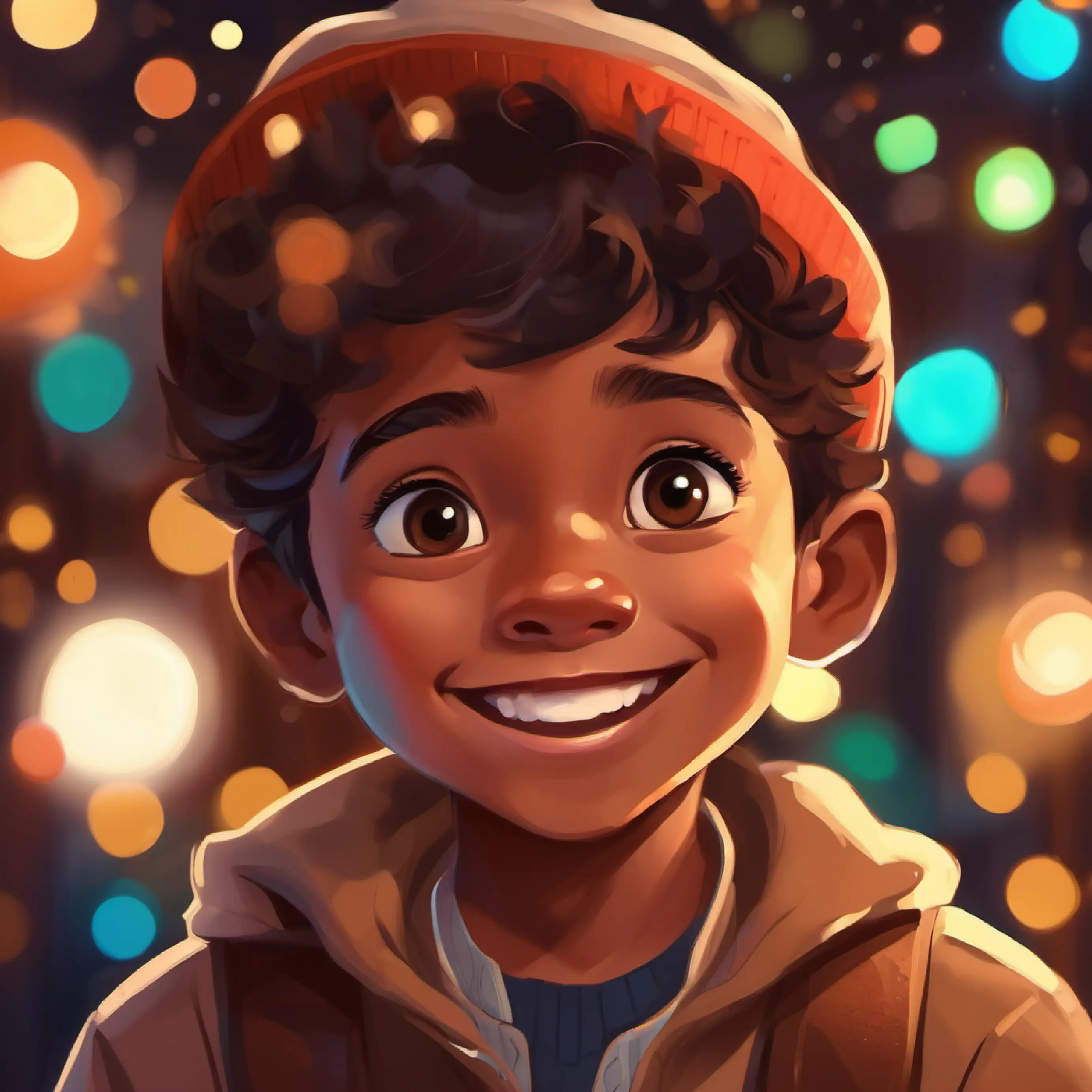 Joyful boy, loves colors, light brown skin, dark brown eyes ready for more adventures, closing, uplifting