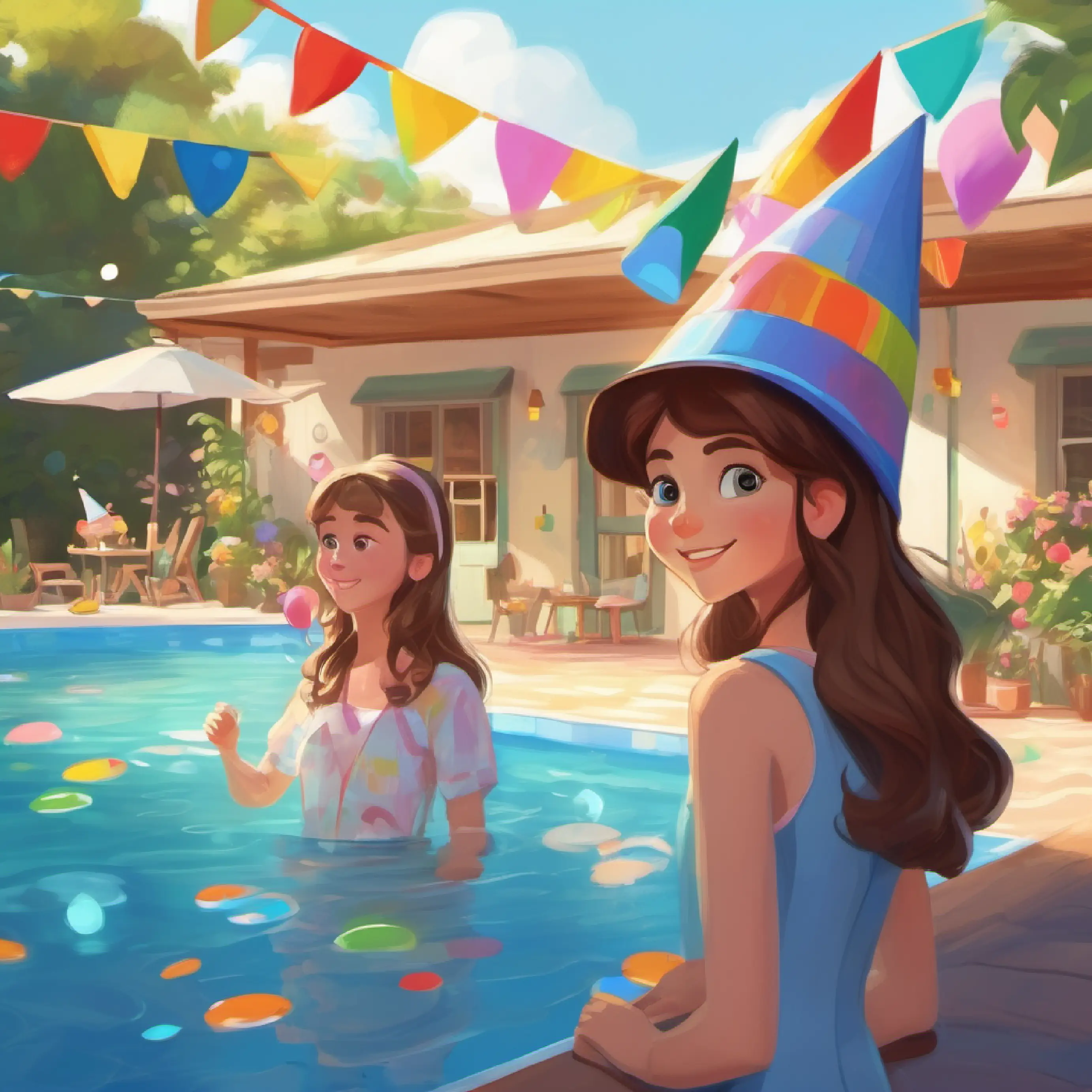 Setting up the pool outside, Girl with brown hair, blue eyes, wearing a party hat's mom is present.