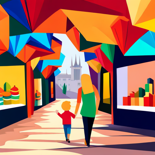 Mom with brown hair, wearing a colorful dress and Boy with blonde hair, wearing a red t-shirt walking through a colorful market