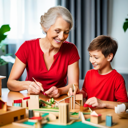 Mom and Boy with blonde hair, wearing a red t-shirt smiling at each other, adding the train set to the list