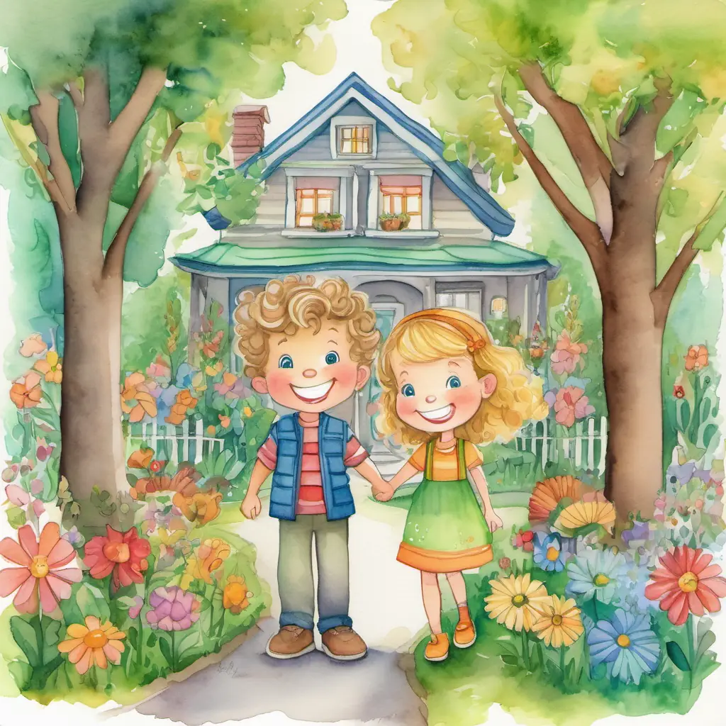 Tommy has light brown hair, blue eyes, and a big smile and Tilly has curly blonde hair, green eyes, and a contagious giggle standing in front of their house, holding hands, with a big smile on their faces. The enchanted forest is filled with tall trees and colorful flowers.