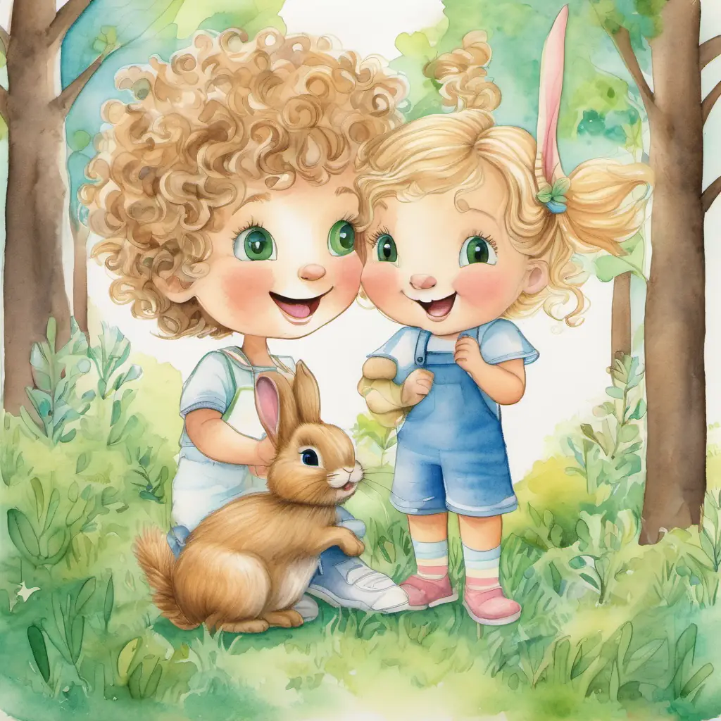 Tommy has light brown hair, blue eyes, and a big smile and Tilly has curly blonde hair, green eyes, and a contagious giggle chasing the bunny, with trees all around them. The bunny is small and fluffy, with long ears.