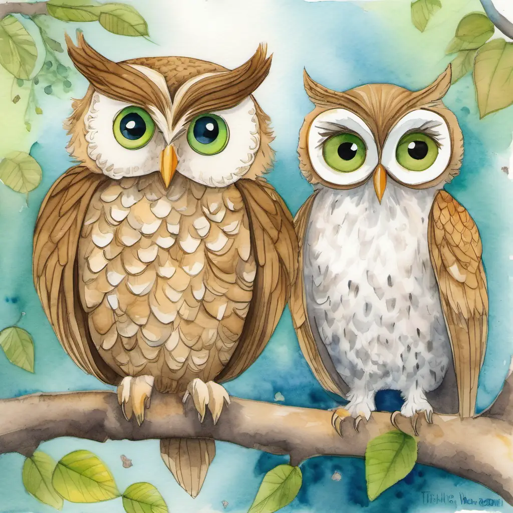 Tommy has light brown hair, blue eyes, and a big smile and Tilly has curly blonde hair, green eyes, and a contagious giggle looking confused, with a worried expression on their faces. Oliver is a wise old owl with big round eyes and soft feathers the owl is perched on a branch, with big round eyes and feathers.