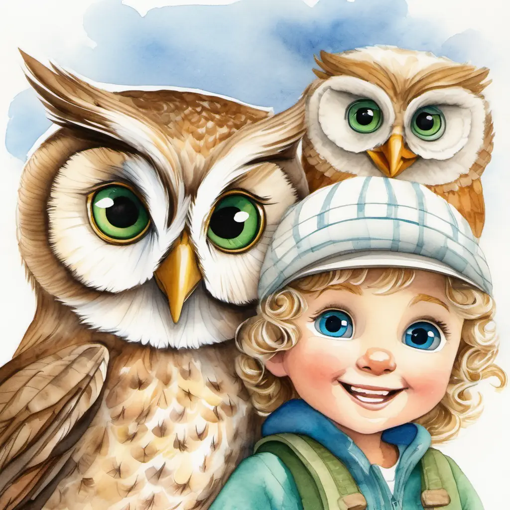 Tommy has light brown hair, blue eyes, and a big smile and Tilly has curly blonde hair, green eyes, and a contagious giggle walking happily with Oliver is a wise old owl with big round eyes and soft feathers, who is flying above them. They have relieved and thankful expressions on their faces.