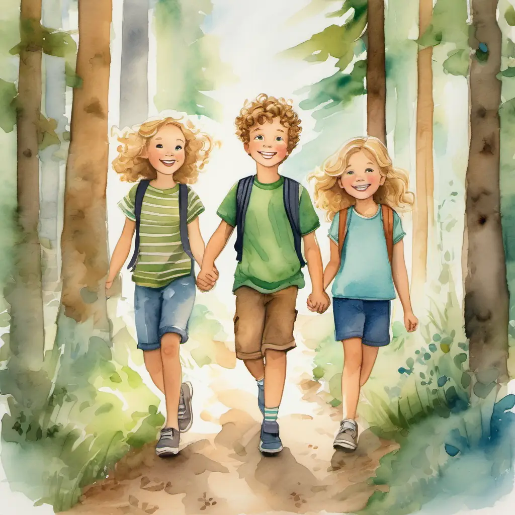 Tommy has light brown hair, blue eyes, and a big smile and Tilly has curly blonde hair, green eyes, and a contagious giggle holding hands, walking on a clear path in the forest. They have happy and confident expressions on their faces.