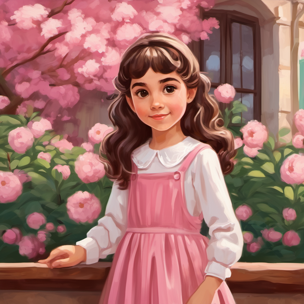 Menina com cabelo castanho e vestido rosa na sorveteria, escolhendo picolé
