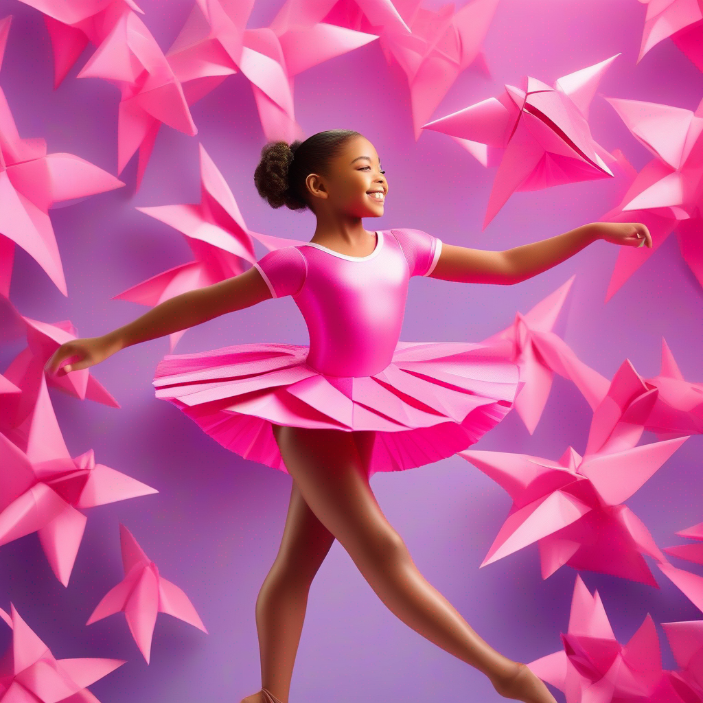 Beverly: A confident dancer with a bright smile and determination practicing dance, wearing her favorite pink leotard