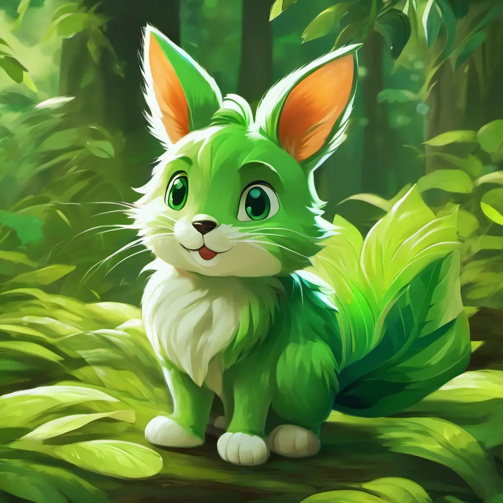 Green fur with leaf-shaped ears and tail has green fur and leaf-shaped ears and tail.