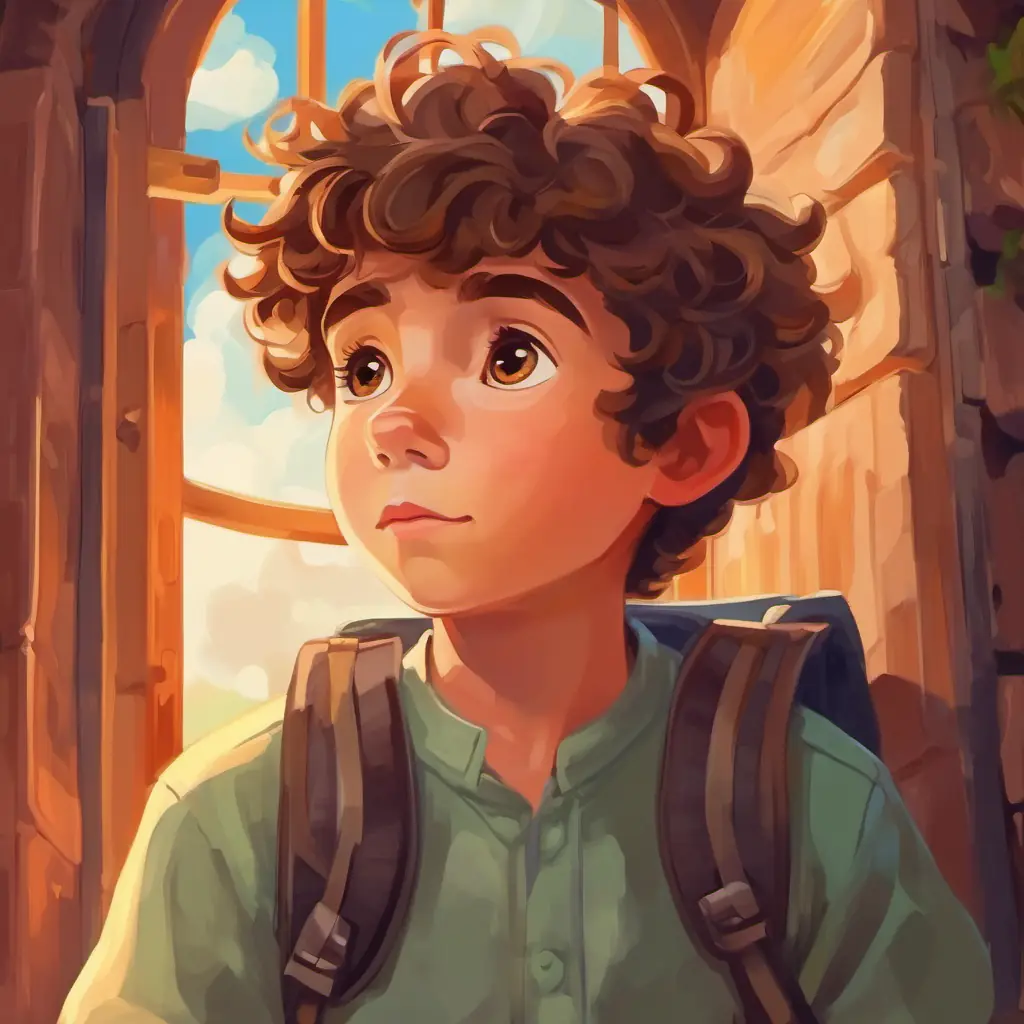 Brave boy with hazel eyes and curly brown hair closed his eyes, dreaming of exciting new adventures.