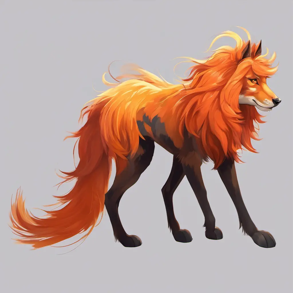 Orange fur with a fiery mane has orange fur and a fiery mane.
