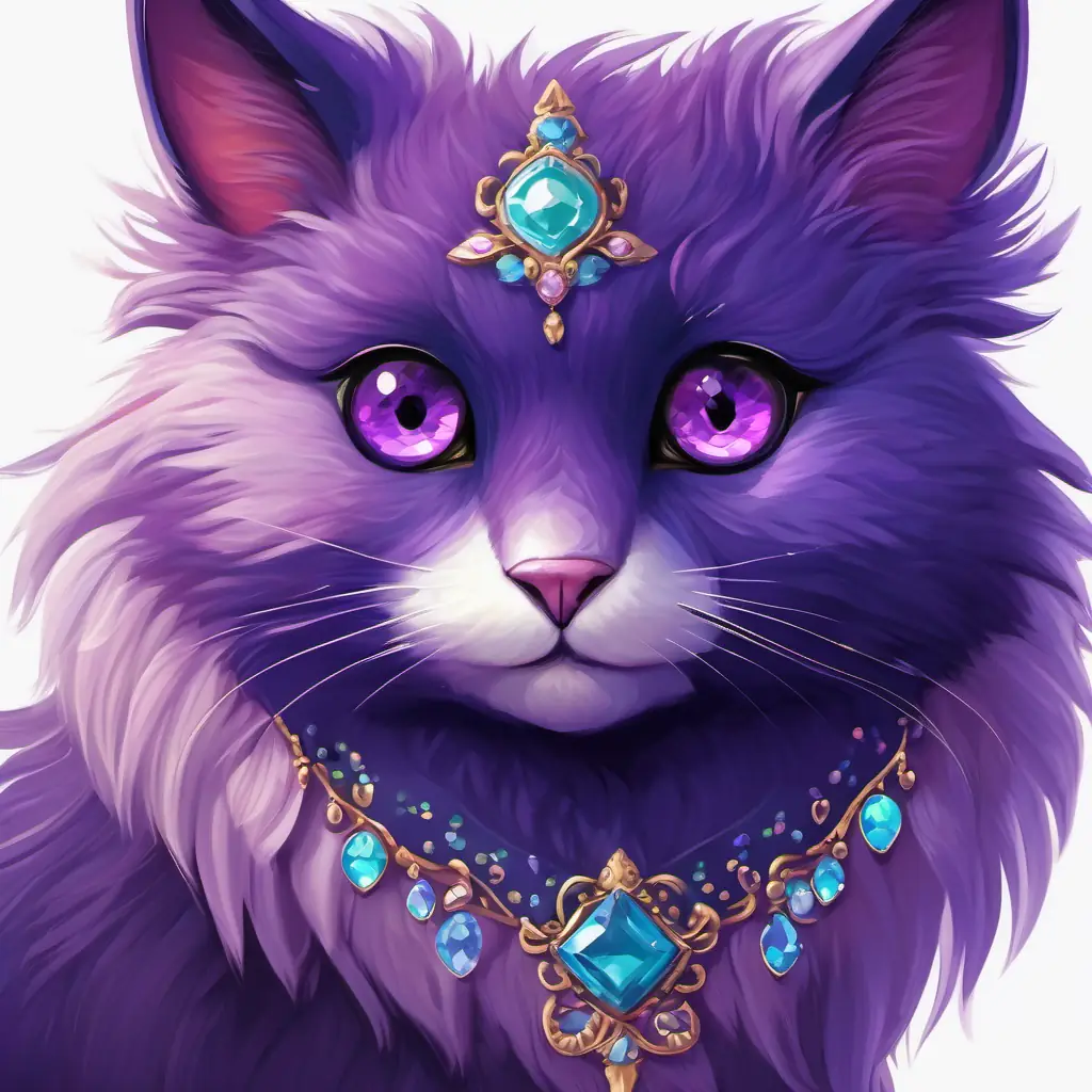 Purple fur with jewel-shaped eyes has purple fur and jewel-shaped eyes.
