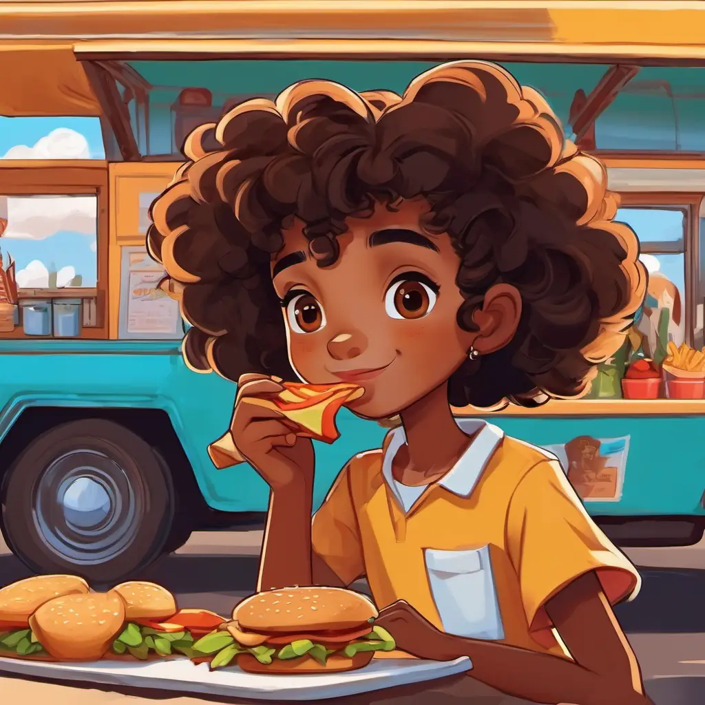 Ravi: brown skin, brown eyes and Maya: brown skin, brown eyes at a food truck, eating burgers and fries