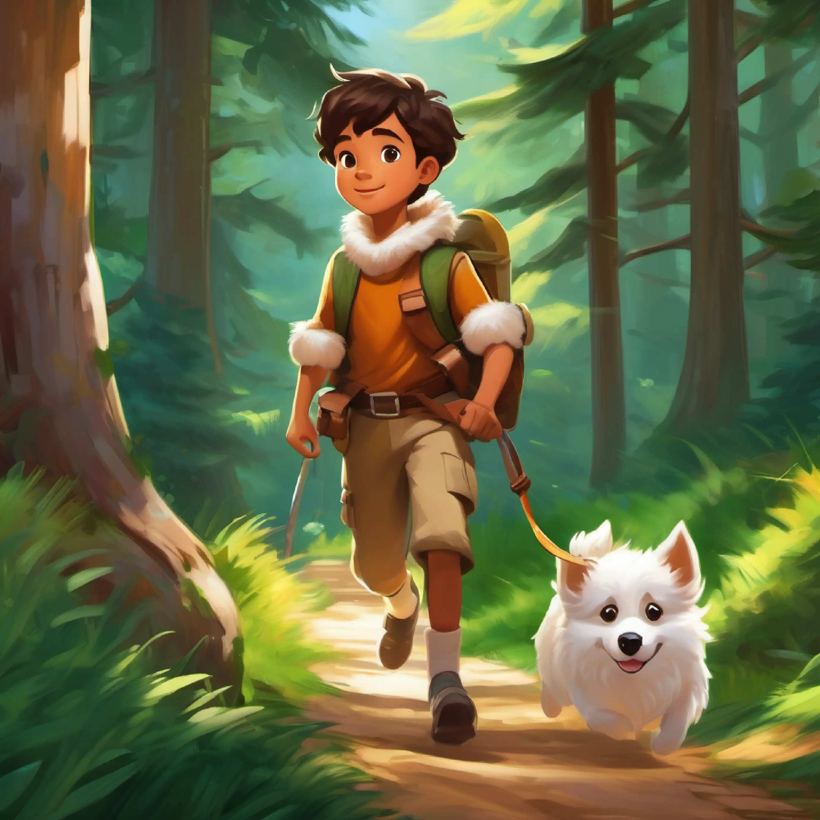 Introduction to A young boy with tan skin, brown eyes, and a spirit for adventure's and A friendly and loyal dog with white fur and bright, attentive eyes's forest adventure, preparation phase.