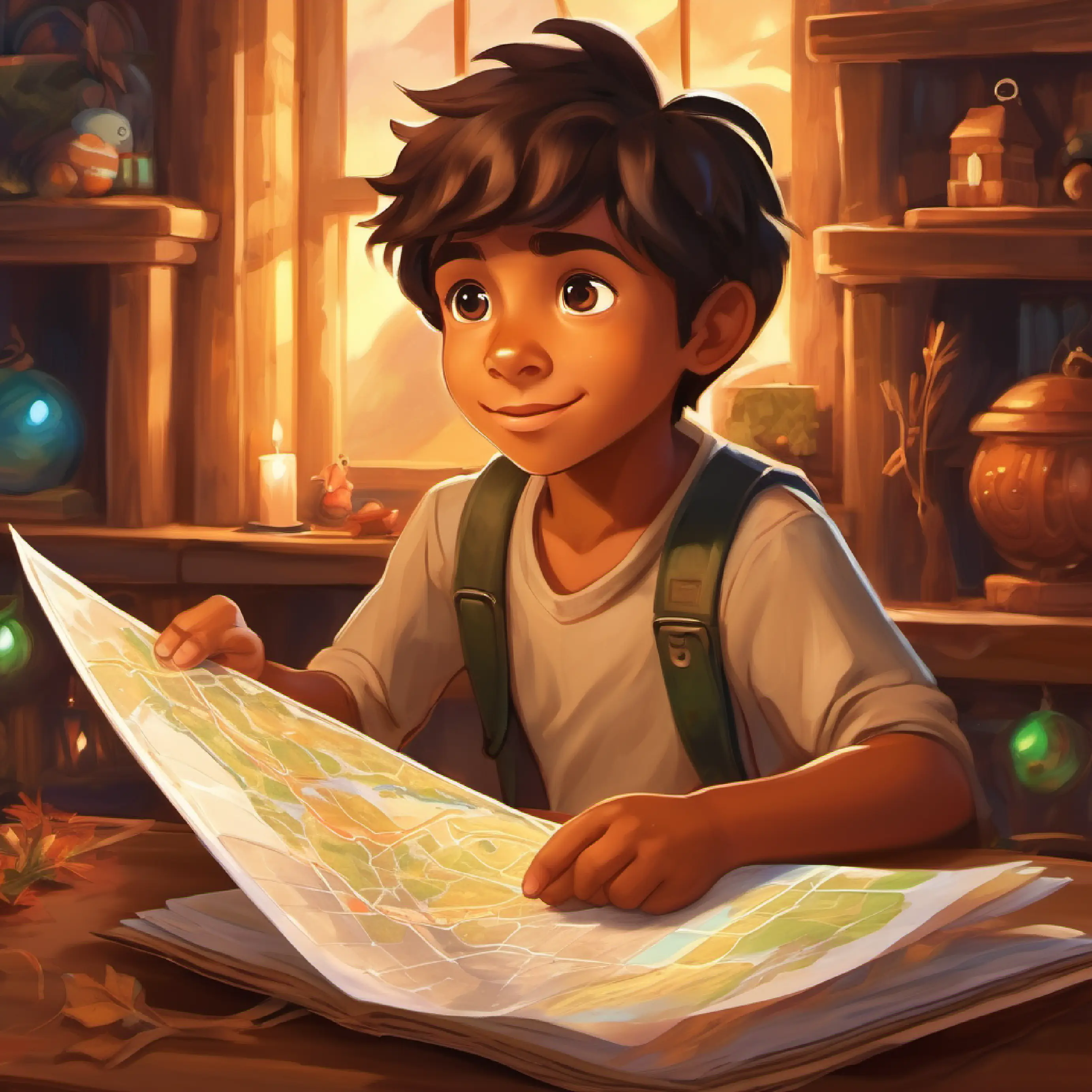 A young boy with tan skin, brown eyes, and a spirit for adventure shares their story, receives a helpful map.