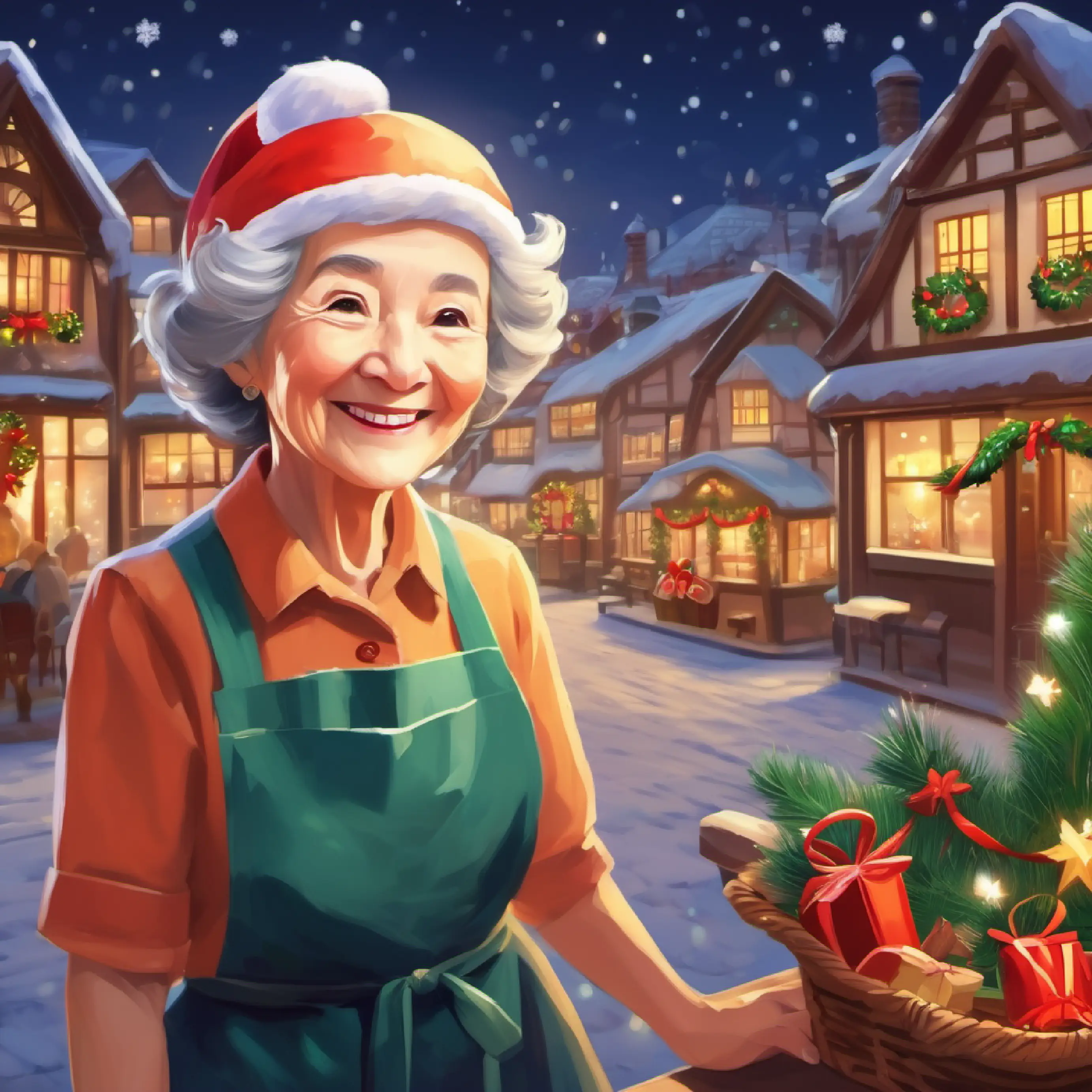 Introduction to Elderly woman, twinkling eyes, always smiling, wears an apron, set in a small town.