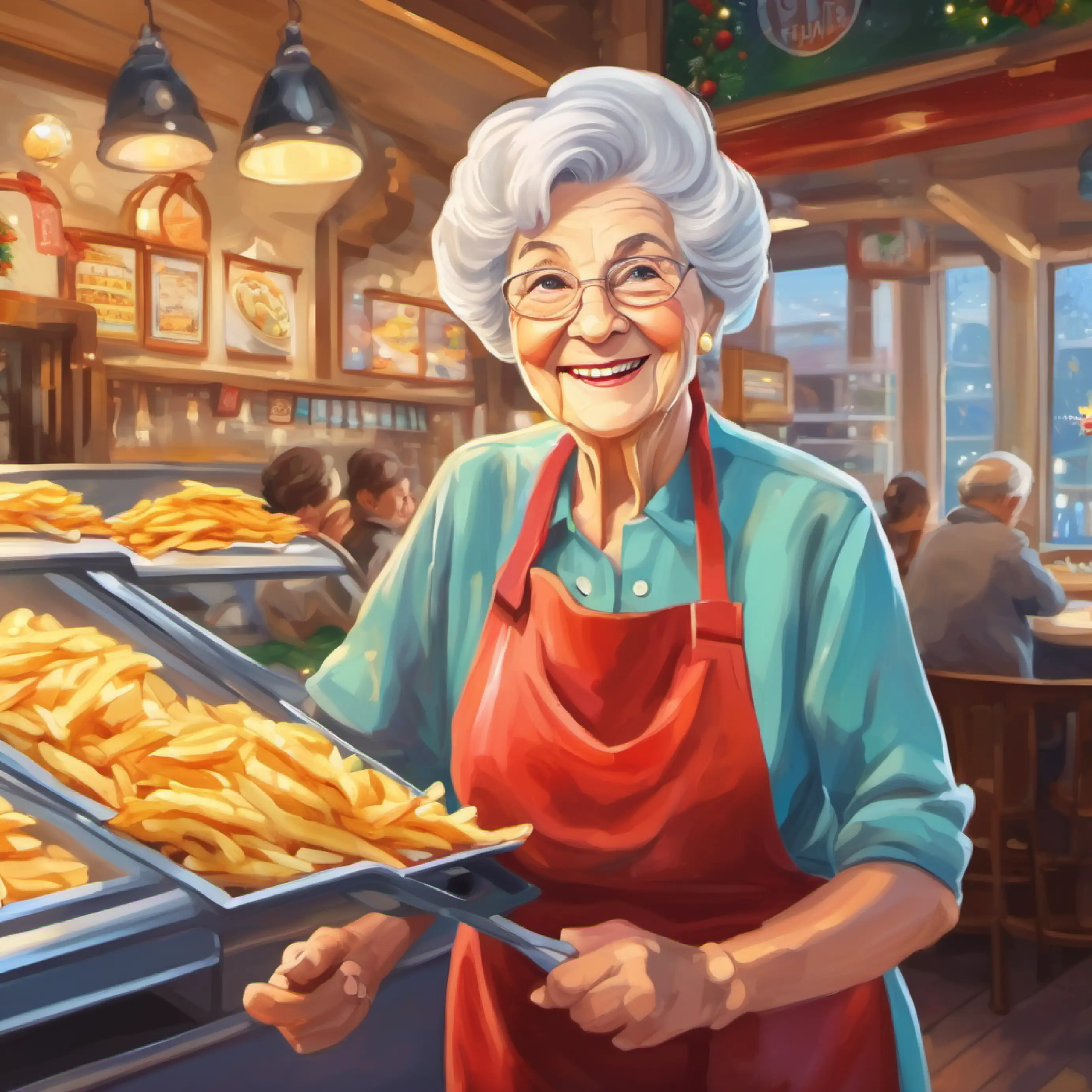 Elderly woman, twinkling eyes, always smiling, wears an apron at her job in the fish and chip shop.