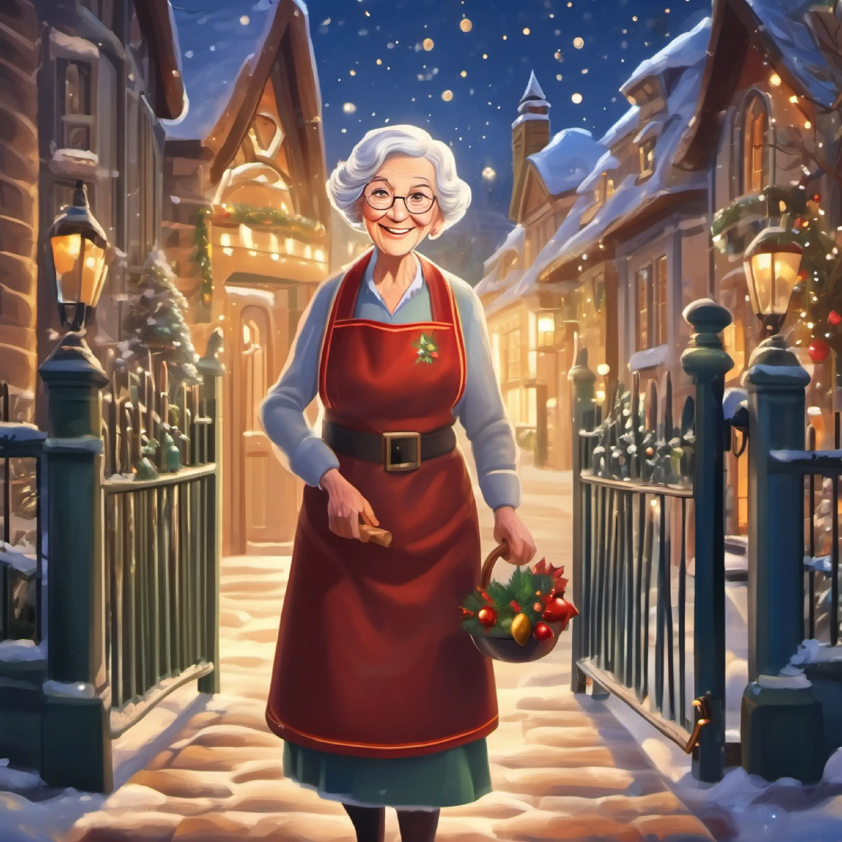 Elderly woman, twinkling eyes, always smiling, wears an apron as the caretaker unlocking school gates.
