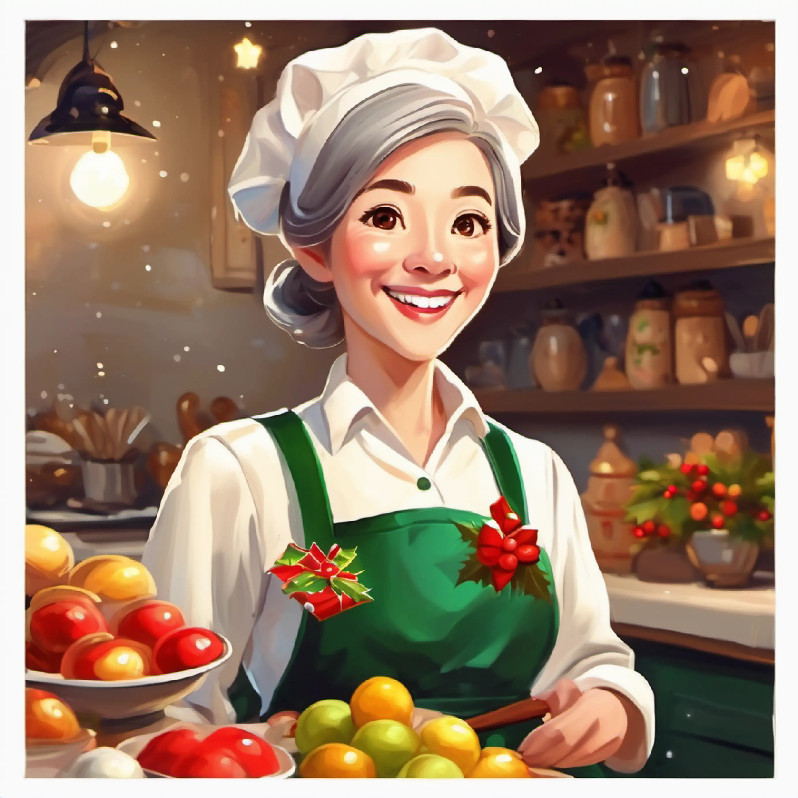 Page acknowledging the absence of Elderly woman, twinkling eyes, always smiling, wears an apron.