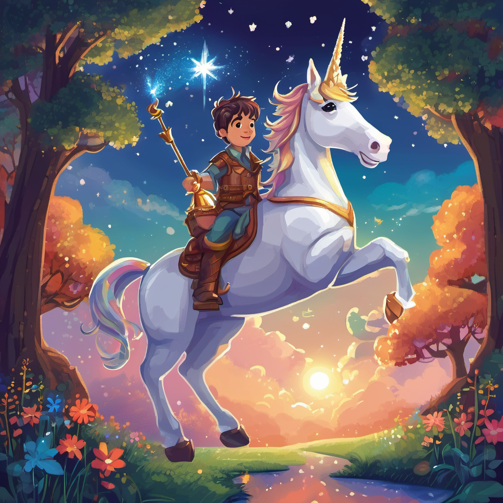Max, being a brave and adventurous little boy, asked Starlight if they could go on a magical journey together. The unicorn nodded and with a magical leap, they were off into the sky. As they soared through the clouds, Max couldn't help but giggle with joy, his fingers tickled by the gentle breeze. Their first stop was at the Fairy Forest. There, they met a group of playful fairies, each with their own special powers. The fairies sprinkled magical dust on Max, turning his clothes into a suit of armor, and they granted Starlight the ability to speak whenever she wanted.