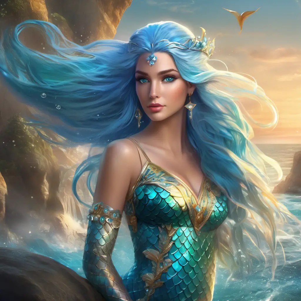 Graceful mermaid princess with long, shimmering blue hair and sparkling azure eyes's encounters, challenges, and how she relied on her determination.